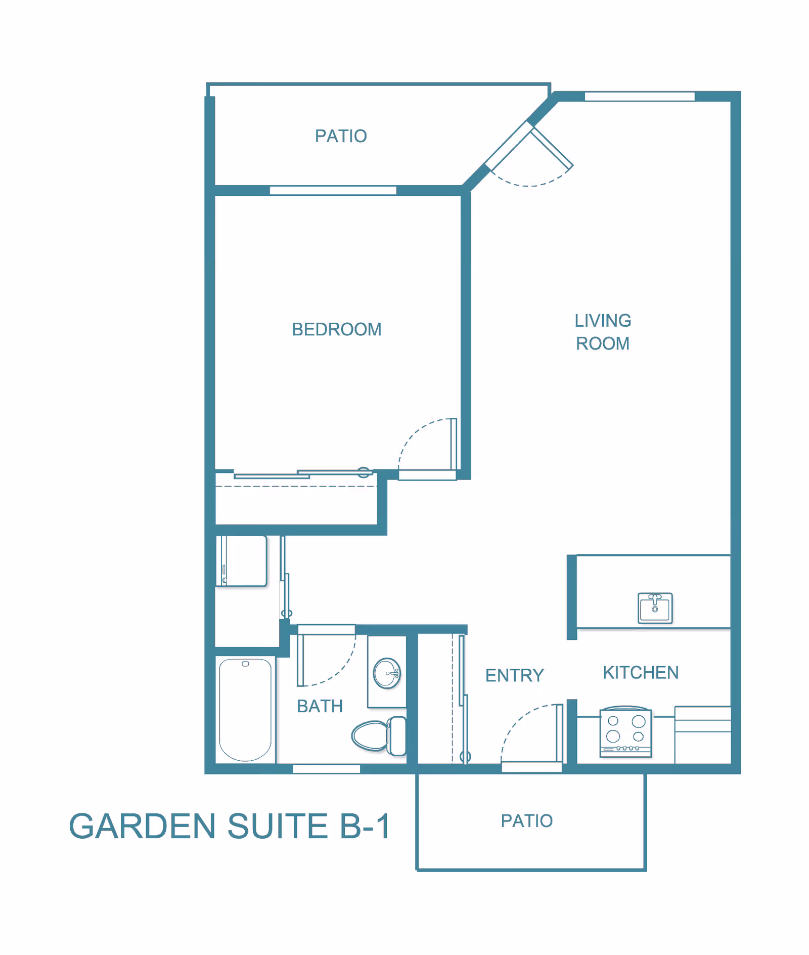 Floor plan of Garden Suite B-1 at Independence Village of Saginaw showing a bedroom, living room, kitchen, bathroom, entry, and two patios.