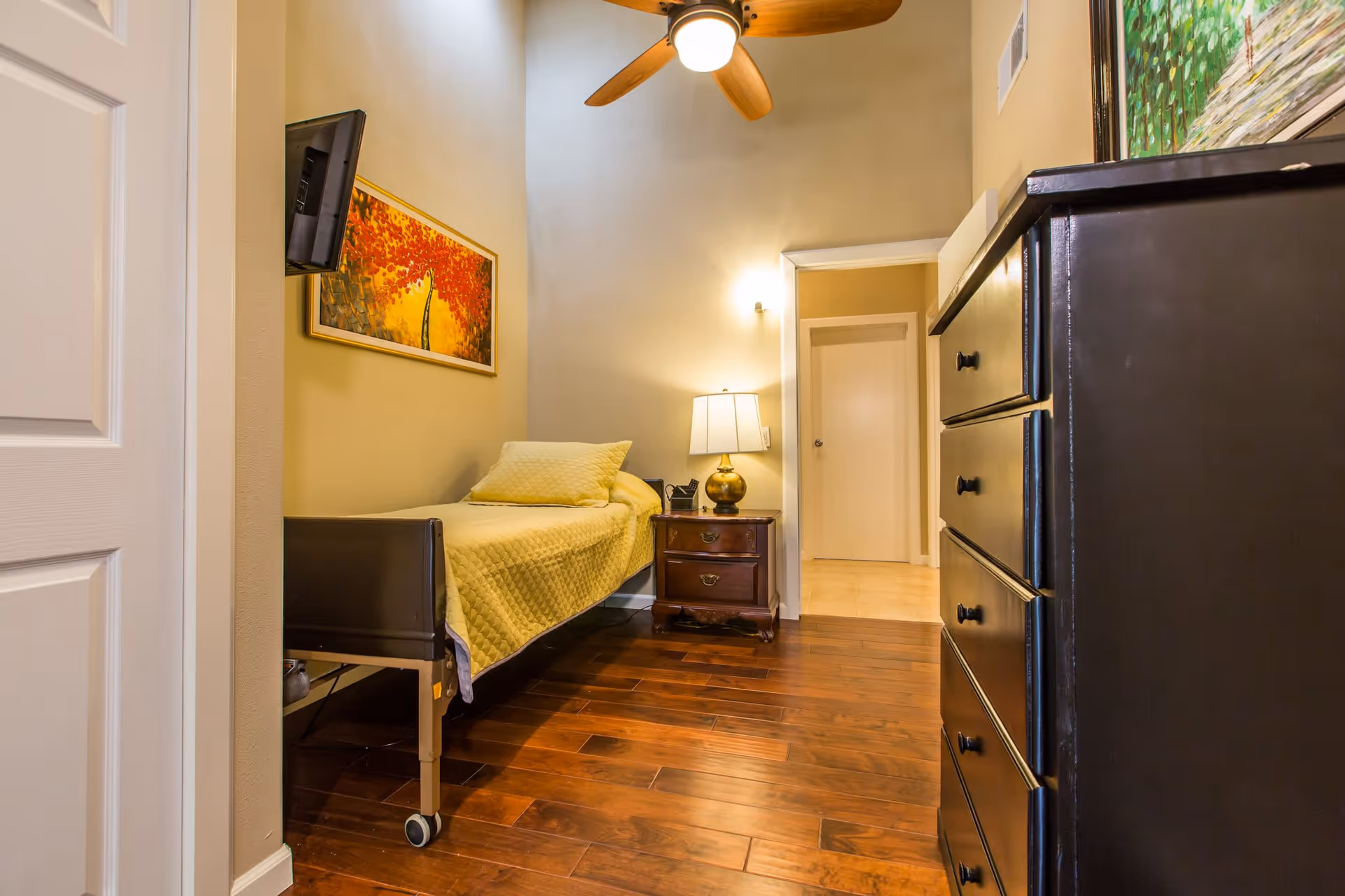 Small furnished bedroom with a single bed, nightstand and lamp, dresser, hardwood floors and ceiling fan.