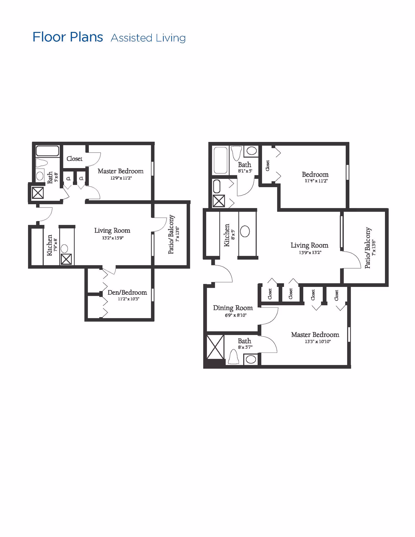 Two assisted living floor plans from Brookdale Destin showing layouts with labeled rooms including master bedroom, bedroom, den/bedroom, living room, kitchen, dining room, bathrooms, closets, and patio/balcony areas with dimensions.