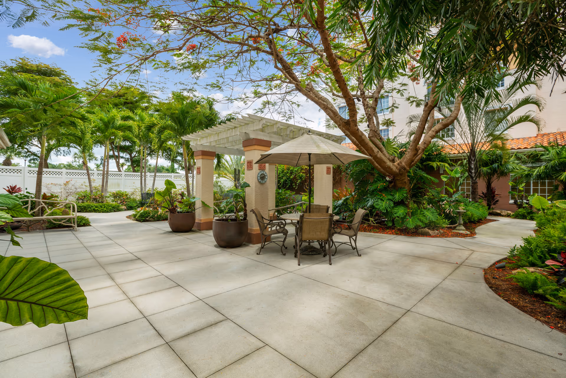Outdoor patio area at Terracina Senior Living with a large tree, potted plants, a pergola, and a table with an umbrella surrounded by chairs. The area is paved with concrete and surrounded by lush greenery and palm trees under a partly cloudy sky.