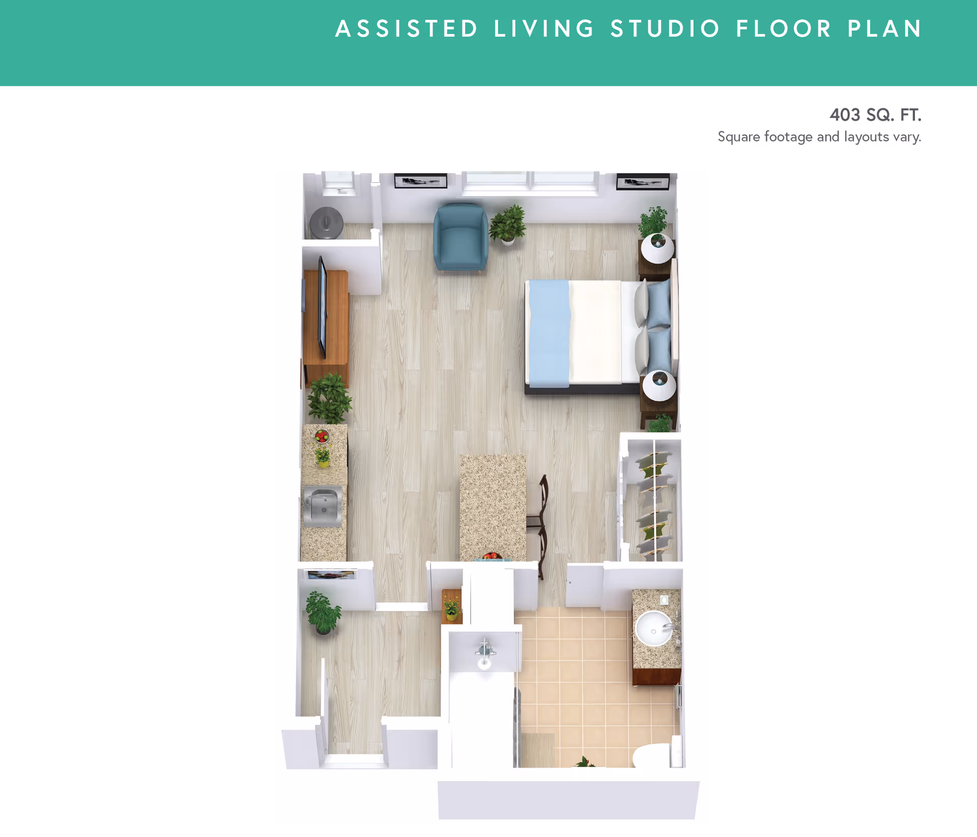 Rendered top-down assisted living studio floor plan showing a combined living/bedroom, kitchenette with island, bathroom, and entry.