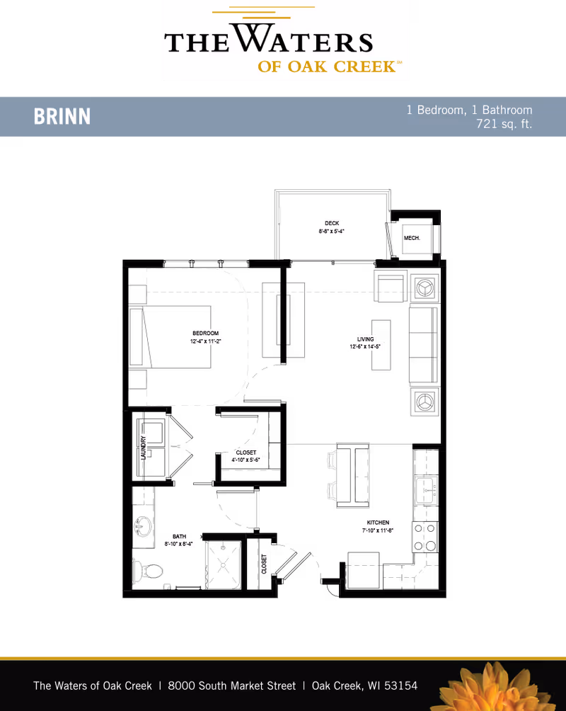 Floor plan layout of a one-bedroom, one-bathroom apartment named Brinn at The Waters of Oak Creek, showing dimensions for bedroom, living room, kitchen, bath, closets, laundry, deck, and mechanical area.