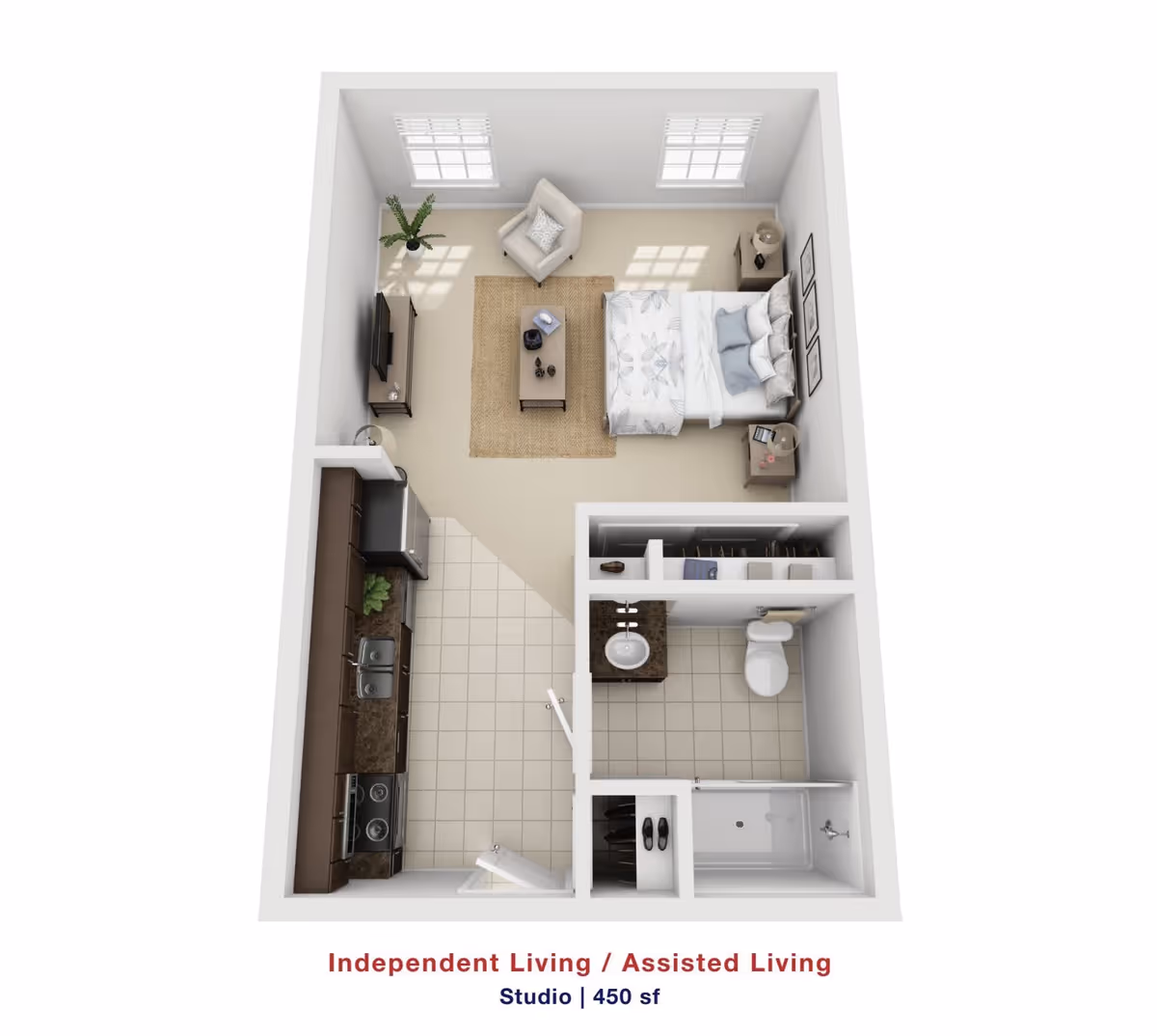 3D floor plan of a 450 square foot studio apartment for independent or assisted living, featuring a combined living and sleeping area with a bed, armchair, TV, and coffee table. The kitchen area includes a refrigerator, stove, sink, and cabinets. There is a separate bathroom with a shower, toilet, and sink, along with a closet space near the entrance.