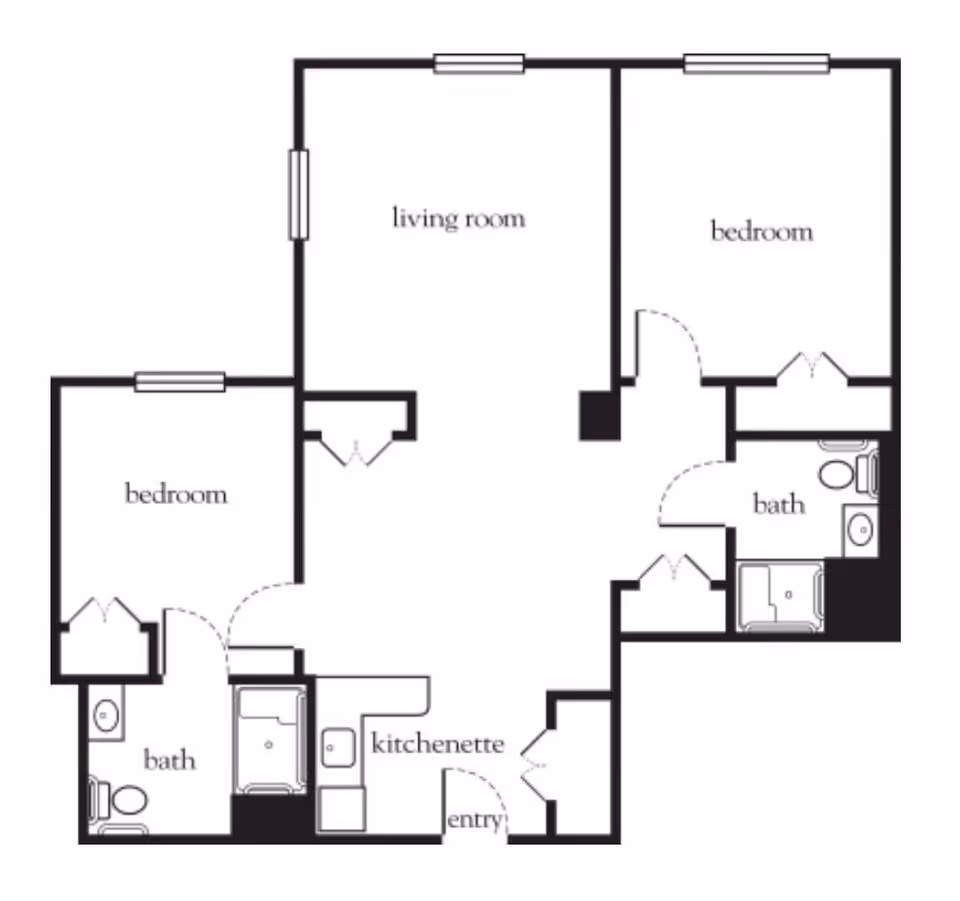 Floor plan layout of an apartment at AVIVA West Hartford showing two bedrooms, two bathrooms, a living room, a kitchenette, and an entry area.
