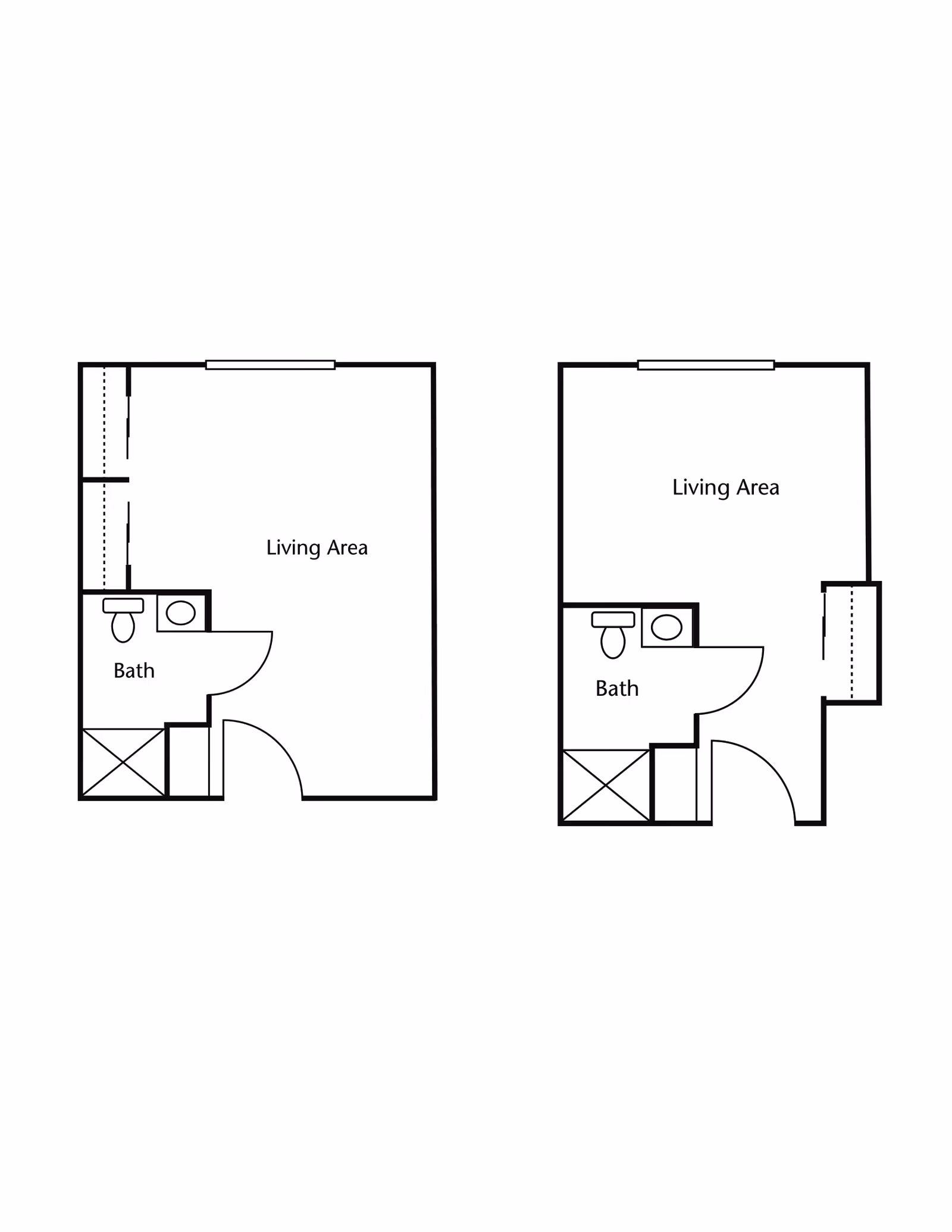 Architectural floor plans showing two layouts, each with a living area and a bathroom labeled 'Bath'. Both layouts include a toilet, sink, and shower area within the bathroom.