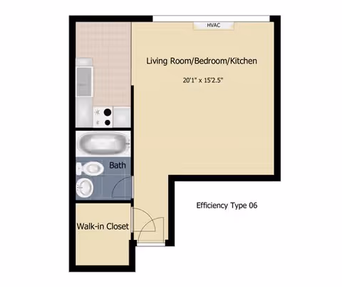 Floor plan of an efficiency apartment labeled Type 06, showing a combined living room, bedroom, and kitchen area measuring 20 feet 1 inch by 15 feet 2.5 inches, a bathroom with a bathtub, toilet, and sink, and a walk-in closet near the entrance.