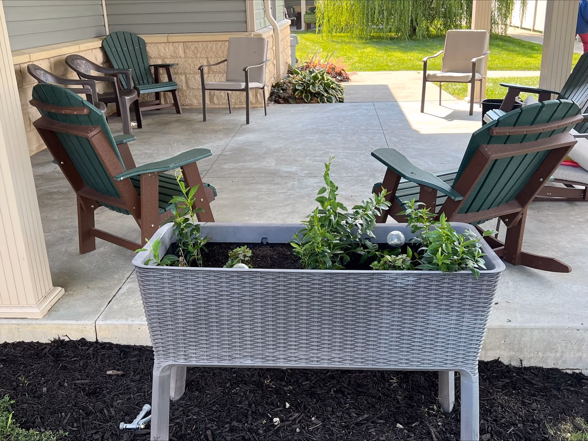 Covered outdoor patio with green Adirondack chairs arranged around a concrete slab and a raised planter with young plants in the foreground.