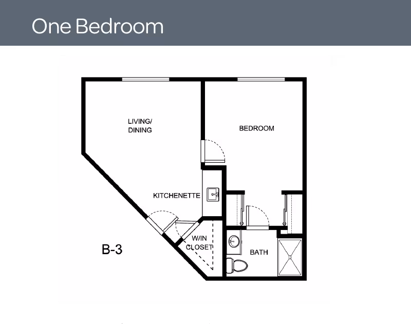 Floor plan of a one-bedroom unit labeled B-3 at Holiday Echo Ridge, showing a living/dining area, kitchenette, walk-in closet, bedroom, and bathroom with a shower, toilet, and sink.
