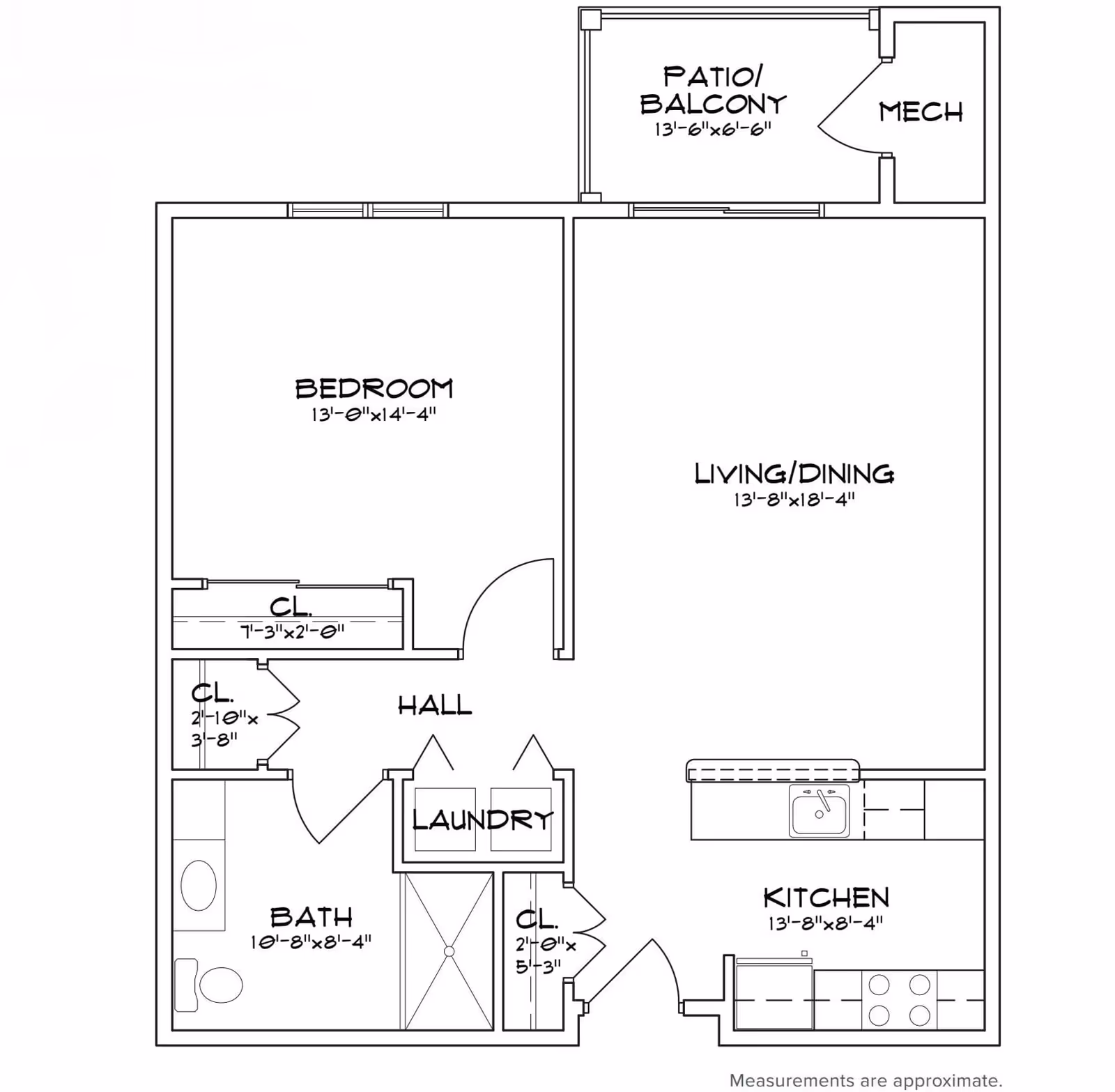 Architectural floor plan of an apartment at Summit at Mill Hill showing a bedroom, bathroom, kitchen, living/dining area, laundry, closets, and a patio/balcony with mechanical room. Measurements for each room are included.