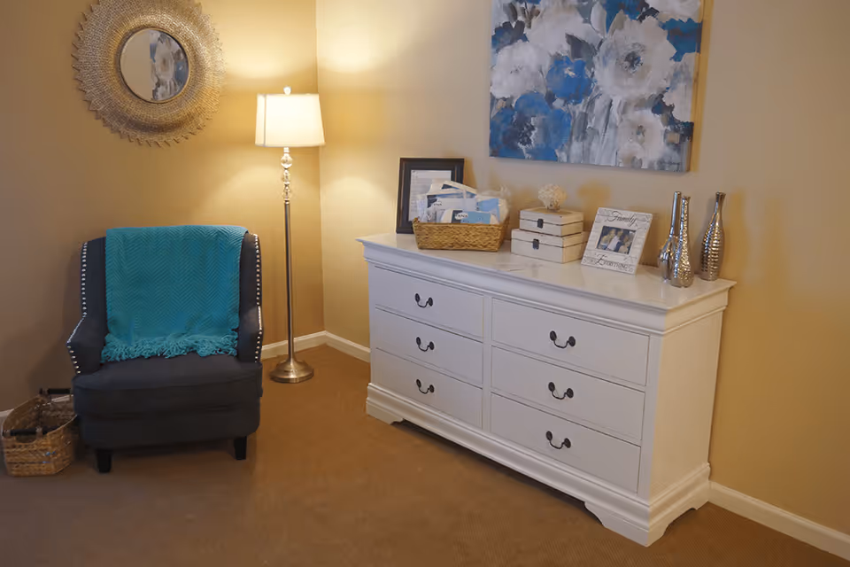 A cozy corner of a room featuring a dark upholstered armchair with a teal throw blanket draped over it, a tall floor lamp with a white shade, and a white dresser with six drawers. On top of the dresser are decorative items including a basket with papers, stacked boxes, a framed photo, and three silver vases. A round decorative mirror hangs on the wall above the chair, and a large floral painting with blue and white flowers is mounted above the dresser.