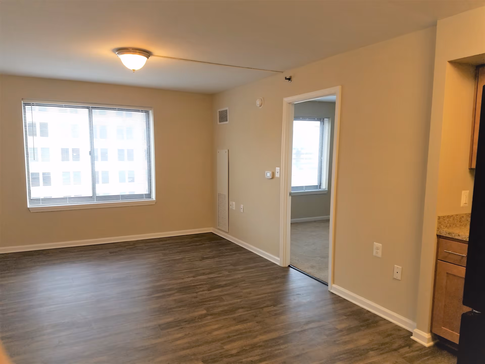 Empty apartment living room with wood-look flooring, a large window, and an open doorway to a bedroom and kitchen.
