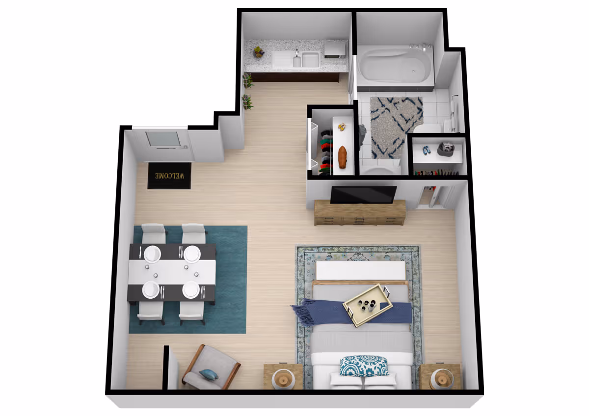 3D floor plan of a senior living apartment unit at The Goldton At Southhaven featuring a combined bedroom and living area with a bed, nightstands, a TV on a stand, and a chair. Adjacent to the living area is a dining space with a table set for four. The unit also includes a kitchen area with a sink and countertop, and a bathroom with a bathtub, toilet, and a rug. There is a closet space near the bathroom and an entrance door with a welcome mat.