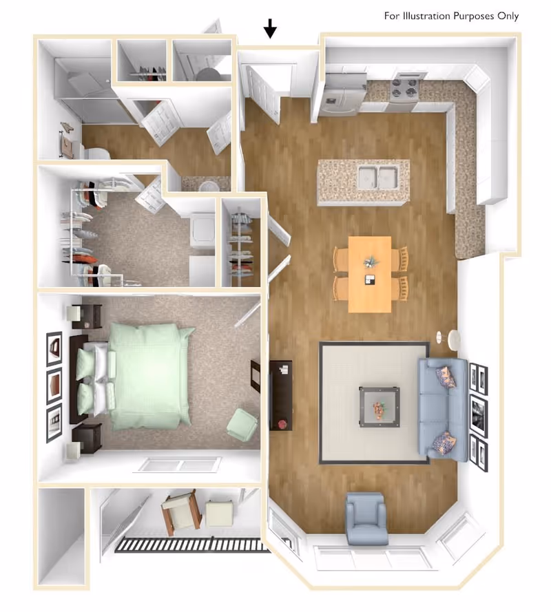 Top-down 3D floor plan of a one-bedroom apartment showing a bedroom, bathroom, kitchen with island, dining area, and living room.