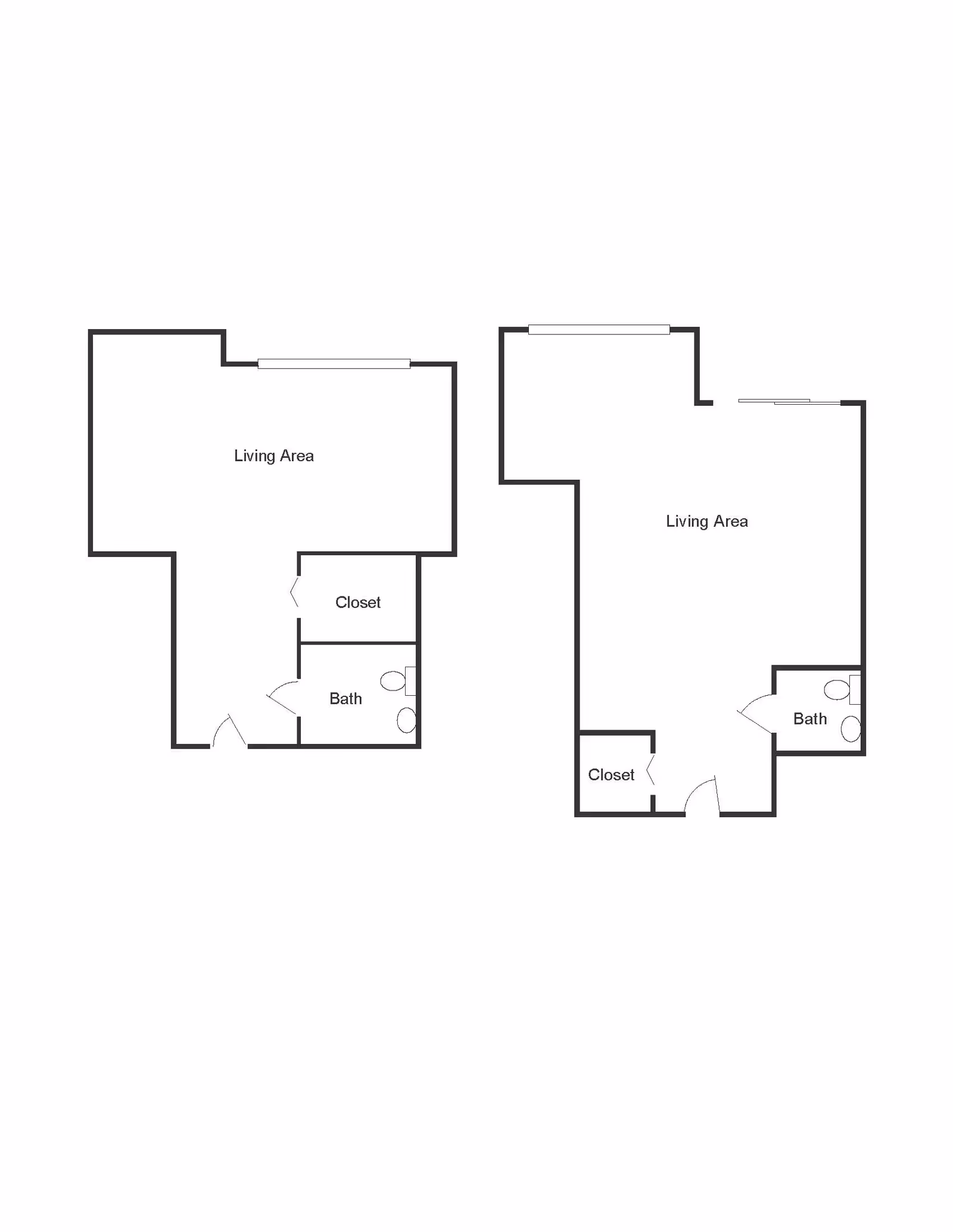 Black-and-white floor plan diagram showing two studio layouts with labeled living areas, closets, and baths.