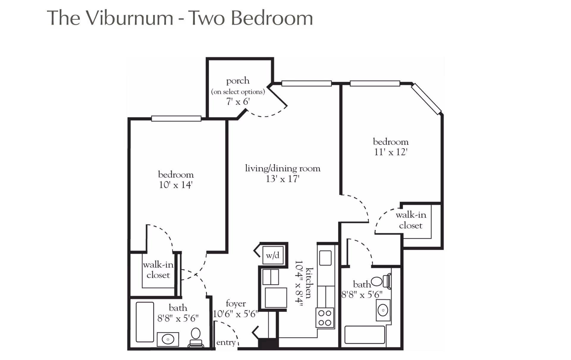 Floor plan titled 'The Viburnum - Two Bedroom' showing a layout with two bedrooms, each with a walk-in closet, two bathrooms, a kitchen, a living/dining room, a foyer, and an optional porch.