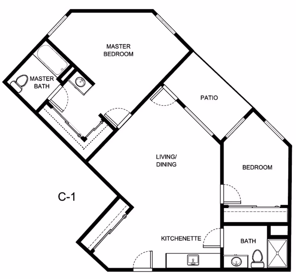 Black-and-white floor plan labeled C-1 showing a master bedroom with ensuite bath, second bedroom, living/dining area, kitchenette, separate bath and a patio.