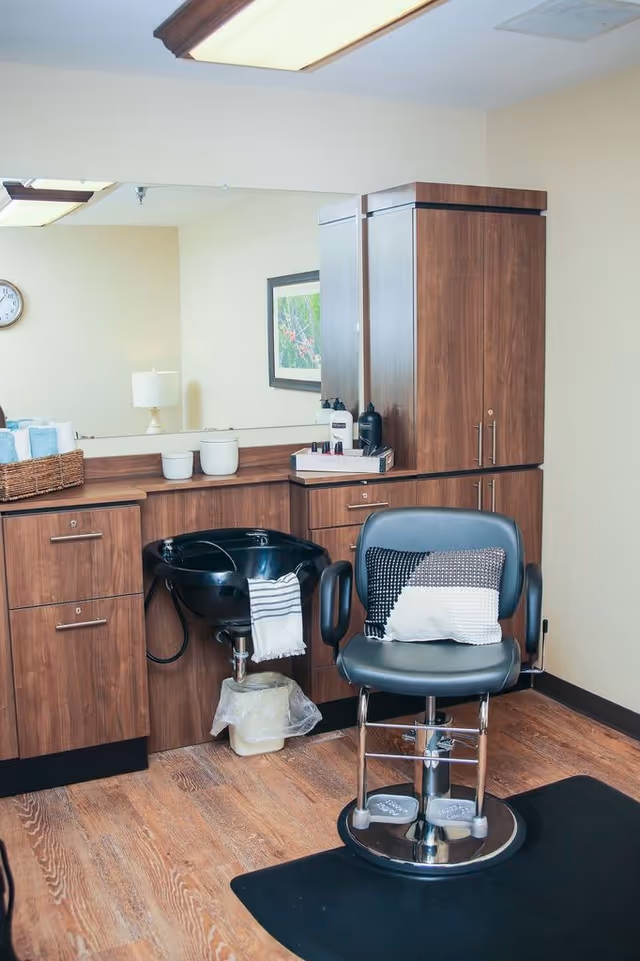 A salon-style hair-washing station with a black styling chair, shampoo sink, wooden cabinets, mirror, and countertop accessories.