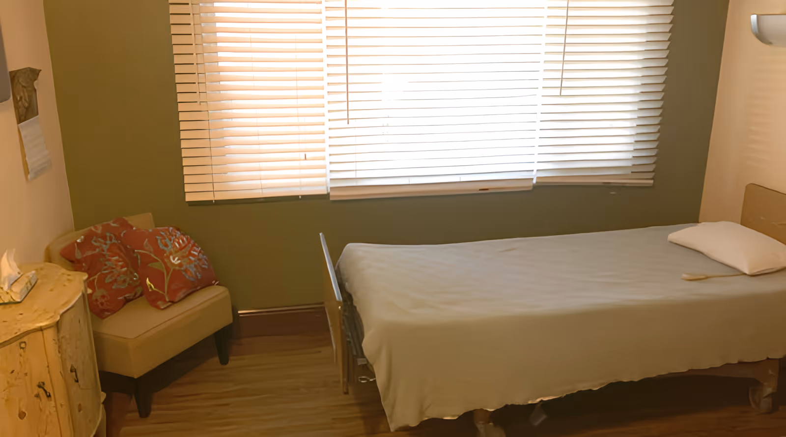 Small senior bedroom with a single bed, a chair with decorative pillows, a small cabinet, and a window with closed blinds.