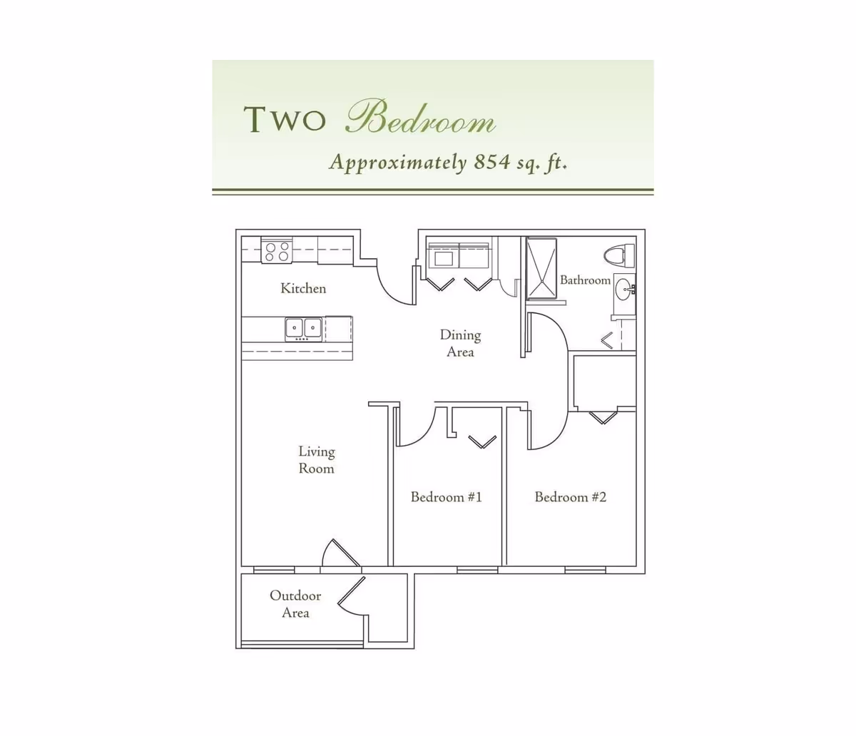 Two-bedroom apartment floor plan showing kitchen, living room, dining area, two bedrooms, a bathroom, and an outdoor area, approximately 854 sq. ft.
