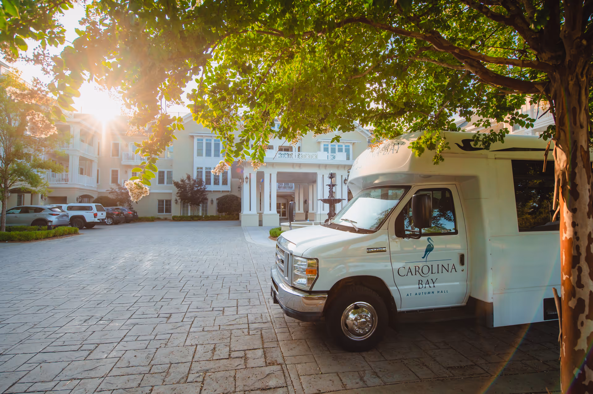 A white shuttle van with the logo 'Carolina Bay at Autumn Hall' parked under a tree in front of a senior living facility building. The building is light-colored with balconies and large windows, and the sun is shining through the tree leaves, casting a warm glow over the scene.