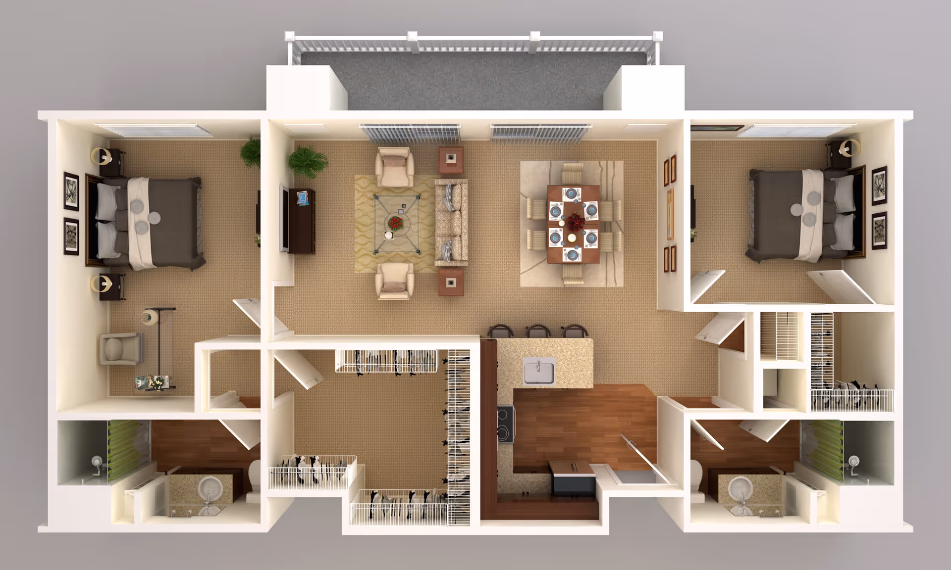 3D floor plan of a senior living apartment featuring two bedrooms, two bathrooms, a kitchen with an island and bar stools, a dining area with a table set for six, and a living room with a sofa, two armchairs, and a TV stand. The apartment also includes closets and a balcony area.