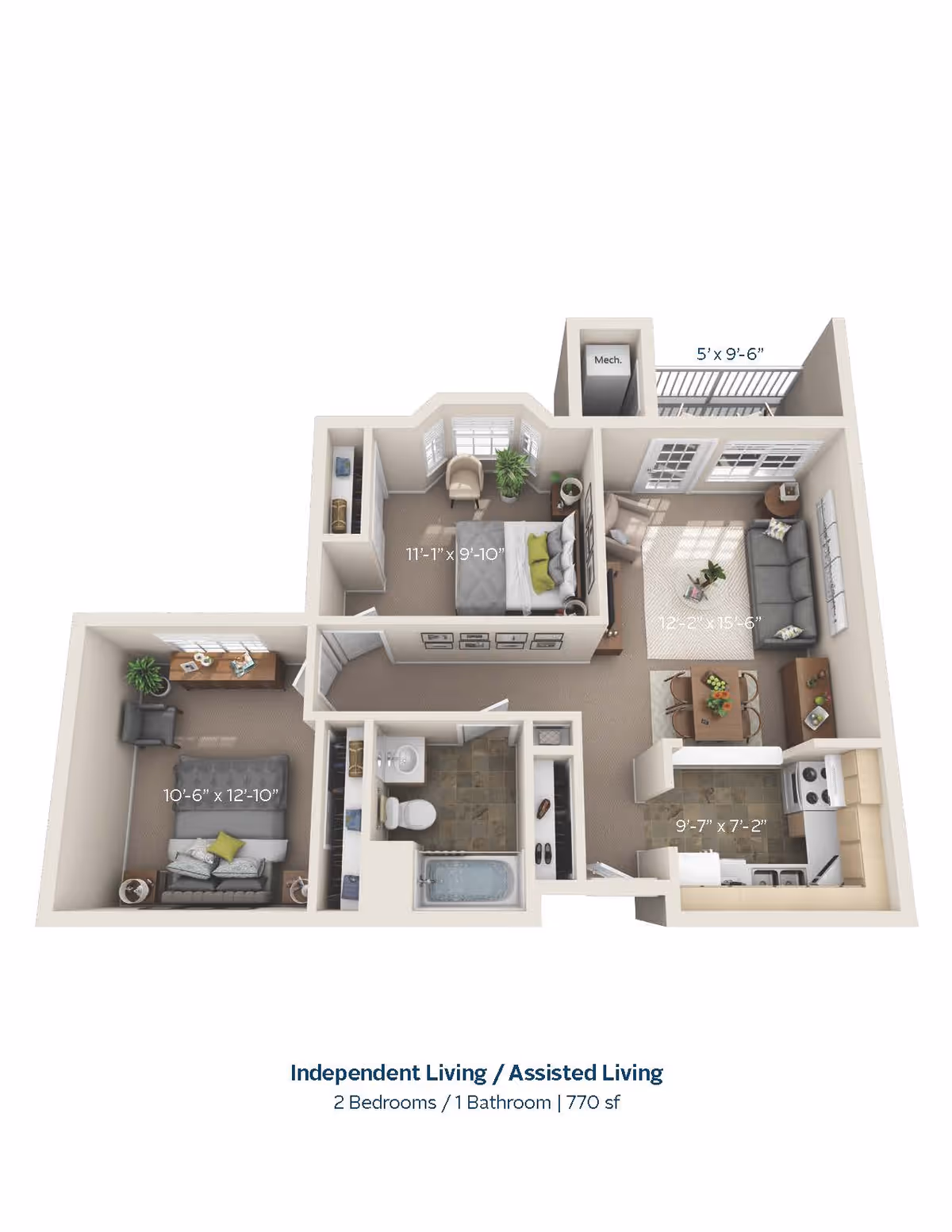 3D floor plan of a 2-bedroom, 1-bathroom independent or assisted living apartment with a total area of 770 square feet. The layout includes a living room with a sofa and dining table, a kitchen with appliances, a bathroom with a bathtub, and two bedrooms, one with a desk and chair and the other with a bed and armchair. There is also a small balcony area labeled 'Mech.'