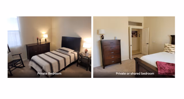 Two furnished bedrooms shown side by side, each with a bed, nightstand, dresser, and lamps in neutral decor.