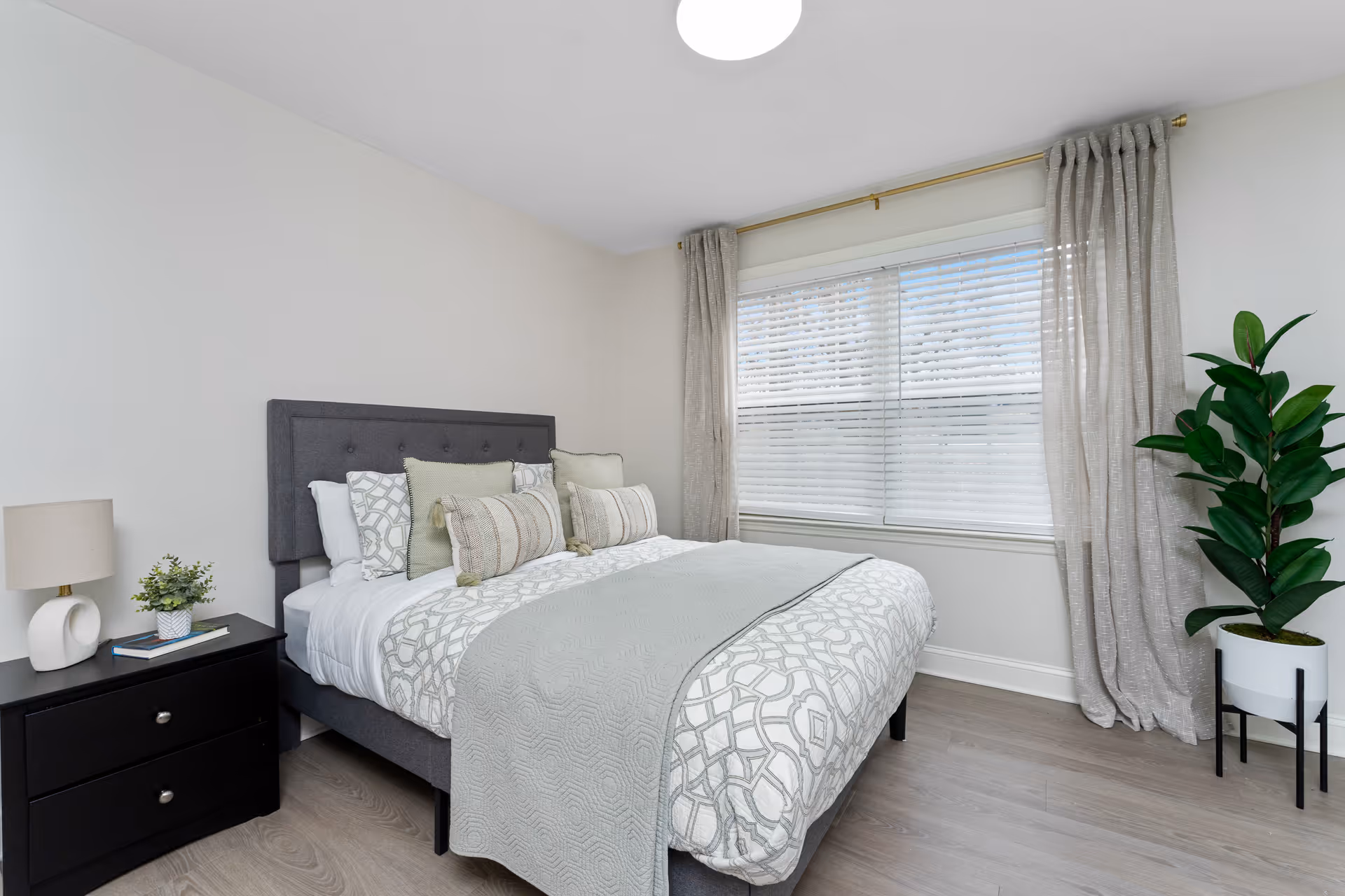 A neatly made bed with a gray upholstered headboard, white and patterned bedding, and several decorative pillows in a bright bedroom. Next to the bed is a black nightstand with a modern white lamp and a small potted plant. A large window with white blinds and light gray curtains lets in natural light. A tall green plant in a white pot stands in the corner of the room.