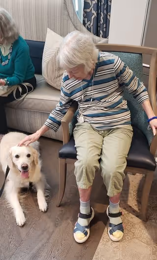 An elderly woman sitting on a chair indoors, petting a happy golden retriever dog sitting on the floor beside her. Another elderly woman is partially visible sitting on a couch in the background.