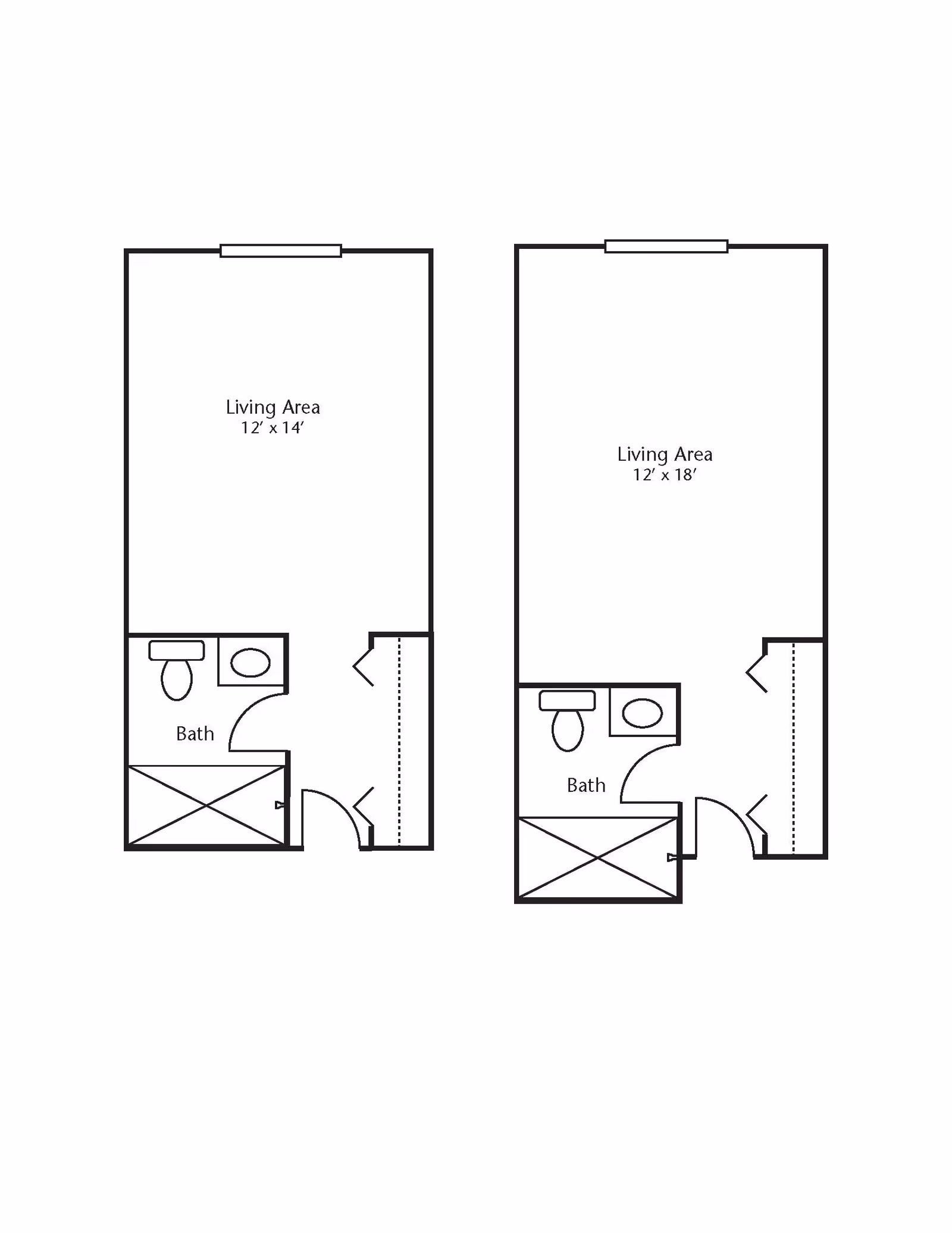 Floor plan showing two layouts each with a living area and a bathroom. The left layout has a living area measuring 12 by 14 feet, and the right layout has a living area measuring 12 by 18 feet. Both layouts include a bathroom with a toilet, sink, and shower.