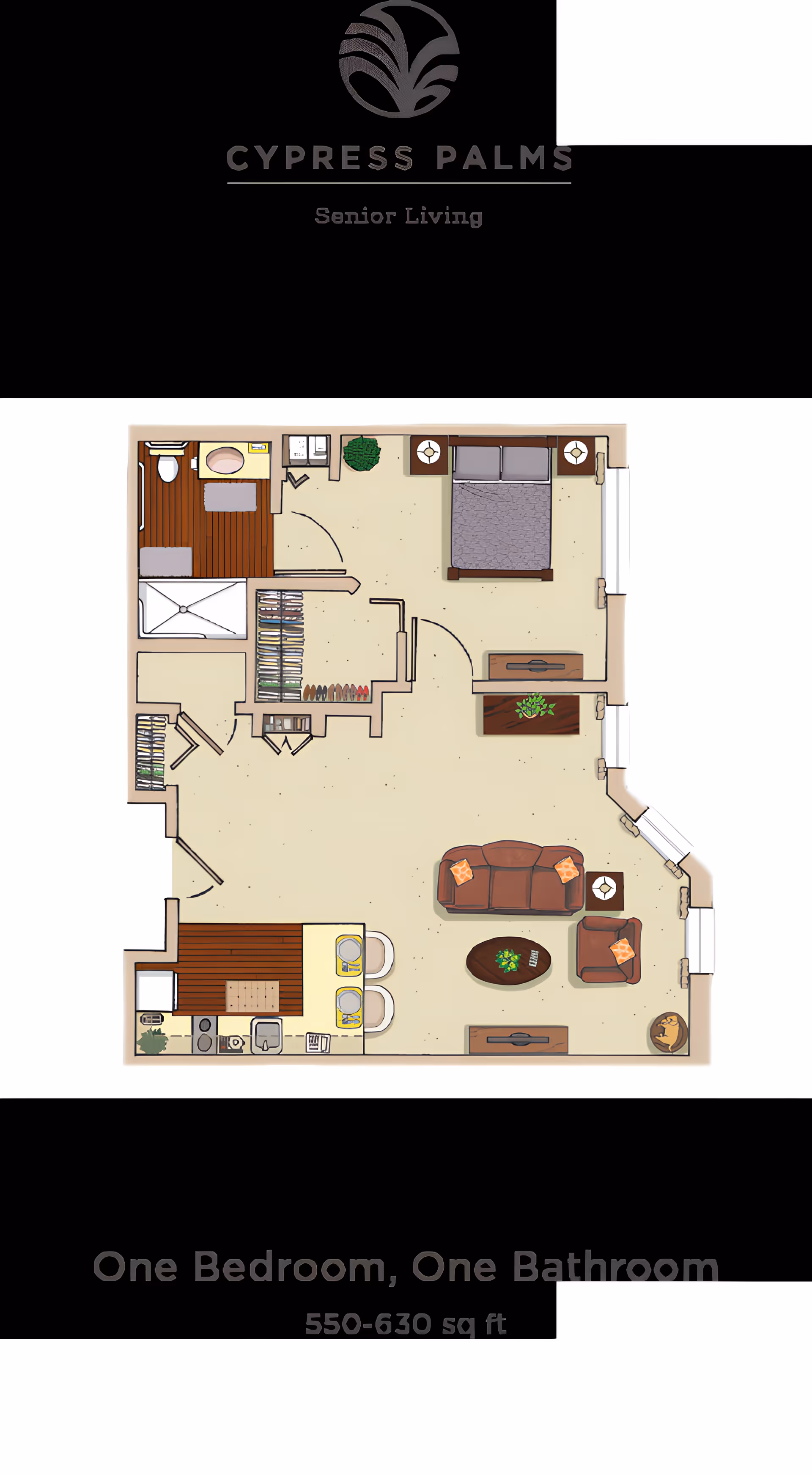 Floor plan of a one-bedroom, one-bath senior living apartment under a Cypress Palms header.