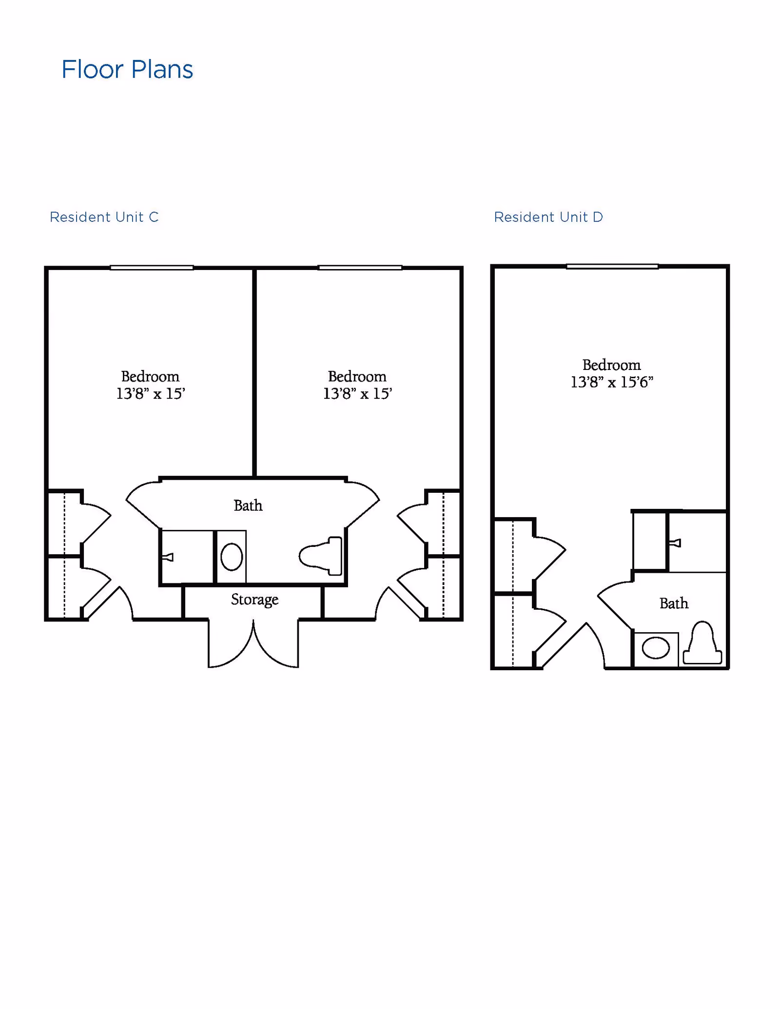 Floor plans for Resident Unit C and Resident Unit D at Brookdale Skeet Club. Unit C has two bedrooms each measuring 13'8" x 15', a shared bath, and storage area. Unit D has one bedroom measuring 13'8" x 15'6", a bath, and closet space.