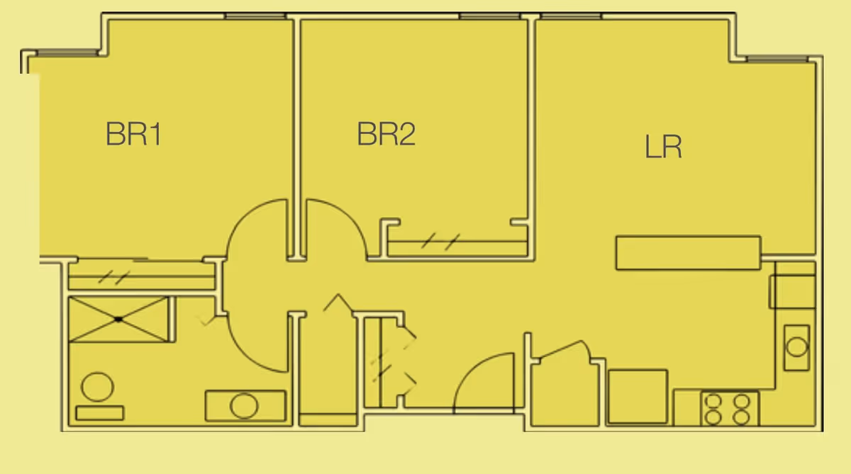 Architectural floor plan of a senior living apartment unit showing two bedrooms labeled BR1 and BR2, a living room labeled LR, a kitchen area, and a bathroom.