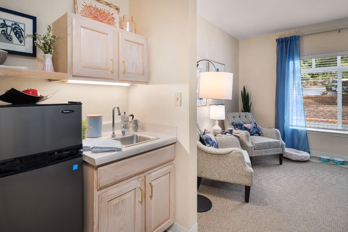 A small kitchenette area with a black mini refrigerator, a sink with a faucet, light wood cabinets, and a countertop with a towel and some kitchen items. Adjacent to the kitchenette is a cozy sitting area with two gray upholstered armchairs, a side table with a lamp, a large window with blue curtains, and a pet feeding station on the floor near the window.