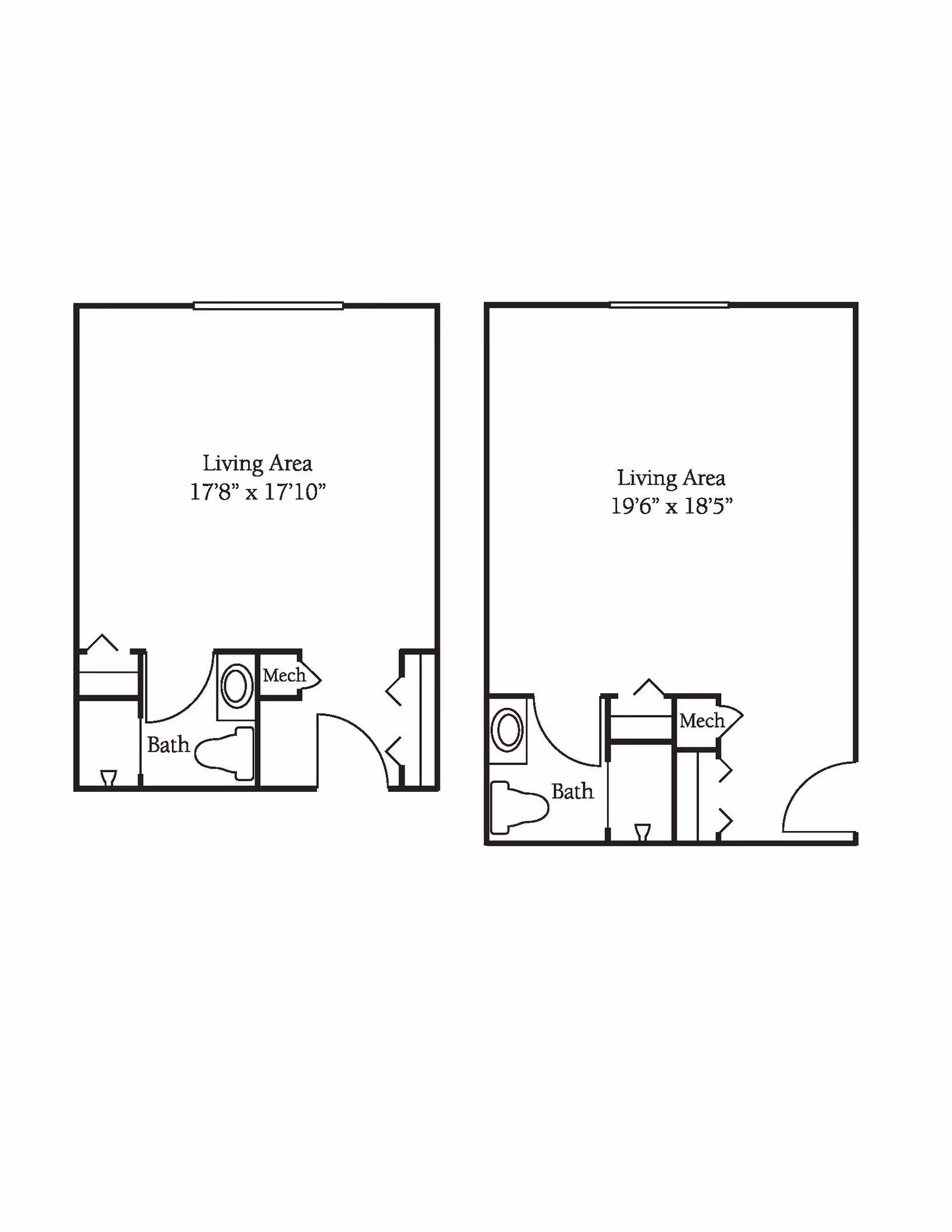Floor plan showing two layouts with labeled living areas and bathrooms. The left layout has a living area measuring 17 feet 8 inches by 17 feet 10 inches, a bathroom, and a mechanical room. The right layout has a living area measuring 19 feet 6 inches by 18 feet 5 inches, a bathroom, and a mechanical room.