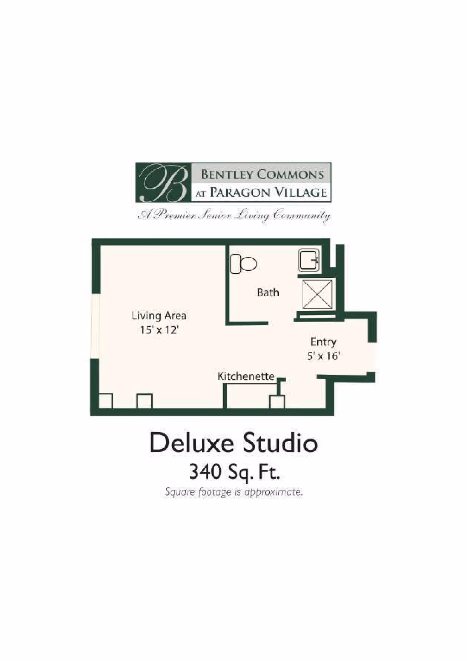 Floor plan of a Deluxe Studio apartment at Bentley Commons at Paragon Village, showing a living area measuring 15 by 12 feet, a bath, kitchenette, and an entry area measuring 5 by 16 feet, with a total approximate area of 340 square feet.