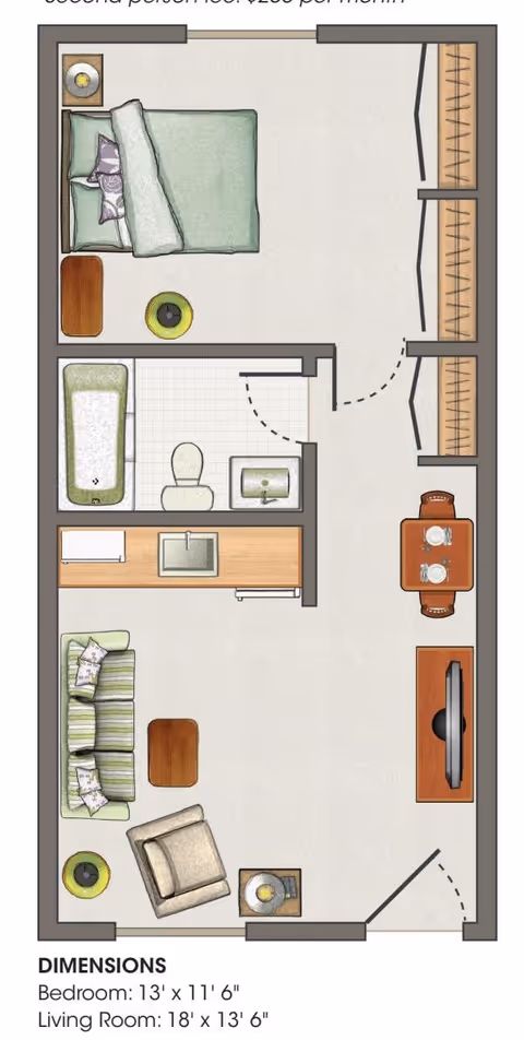 Floor plan of a senior living apartment at Marian Oakland showing a bedroom with a bed, nightstand, and closet; a bathroom with a bathtub, toilet, and sink; a living room with a sofa, armchair, coffee table, and TV; a dining area with a table and two chairs; and a kitchenette with a sink and counter space.