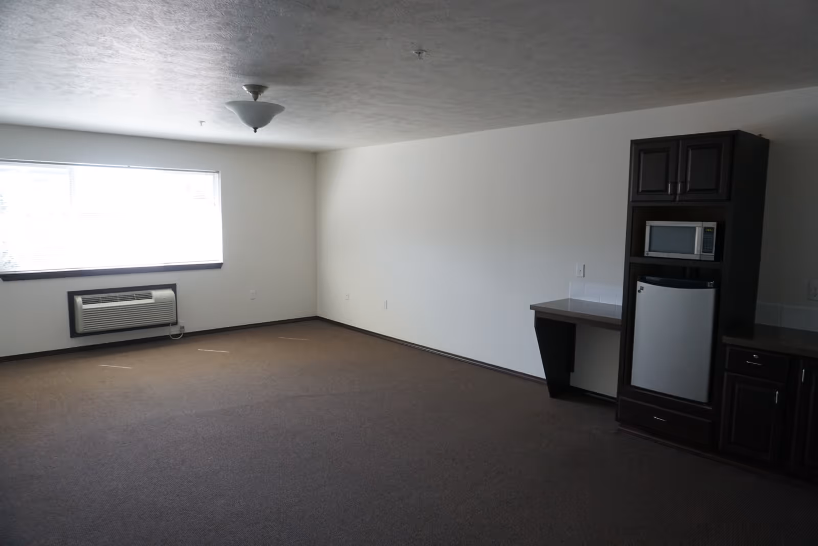 Empty room with brown carpet, white walls, a large window with blinds, a wall-mounted air conditioning unit below the window, a ceiling light fixture, and a dark wood cabinet unit containing a microwave and a mini refrigerator with a small countertop and drawers.
