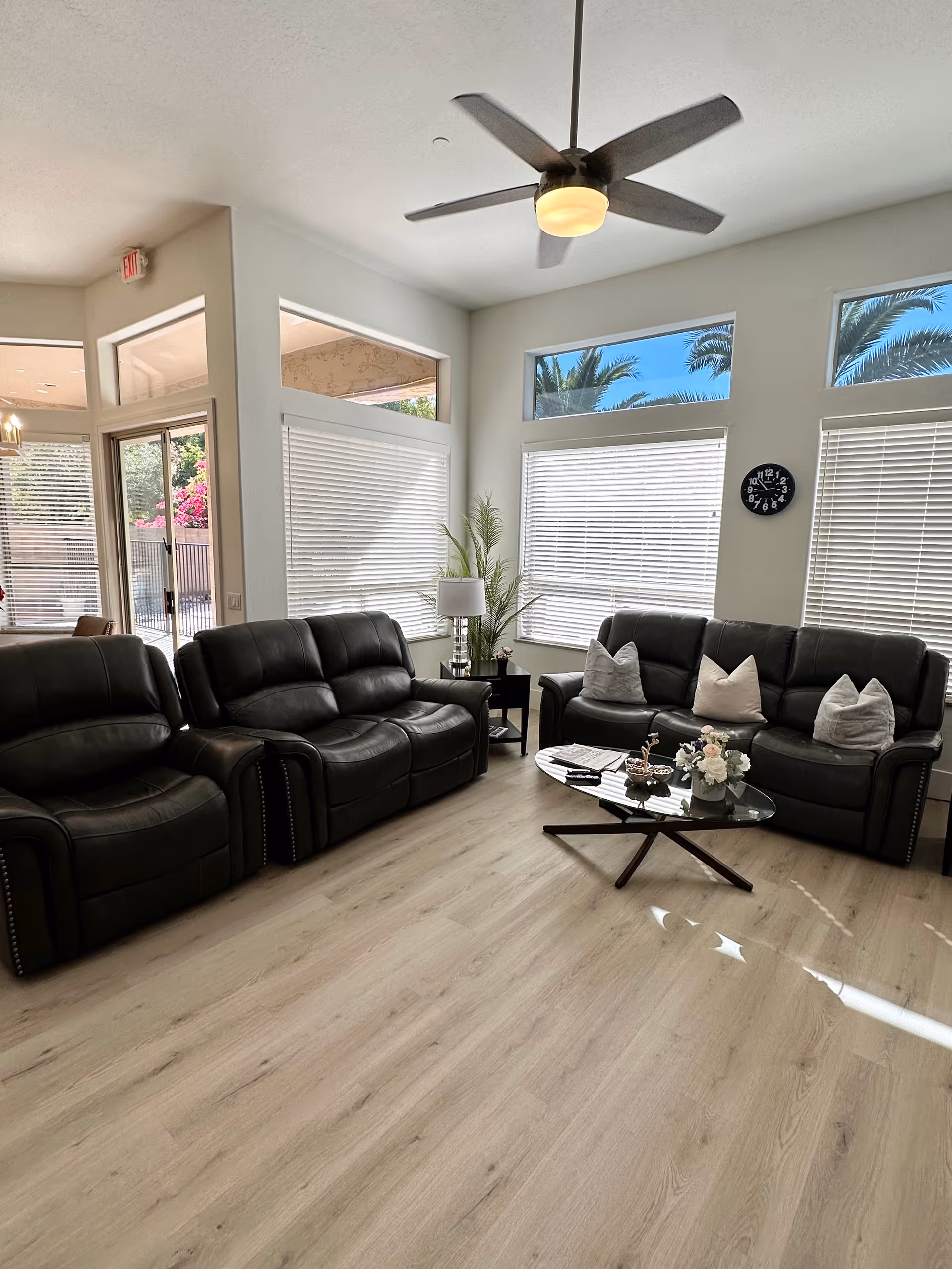 Bright communal living room with black leather sofas, a glass coffee table, ceiling fan, and large windows with blinds.