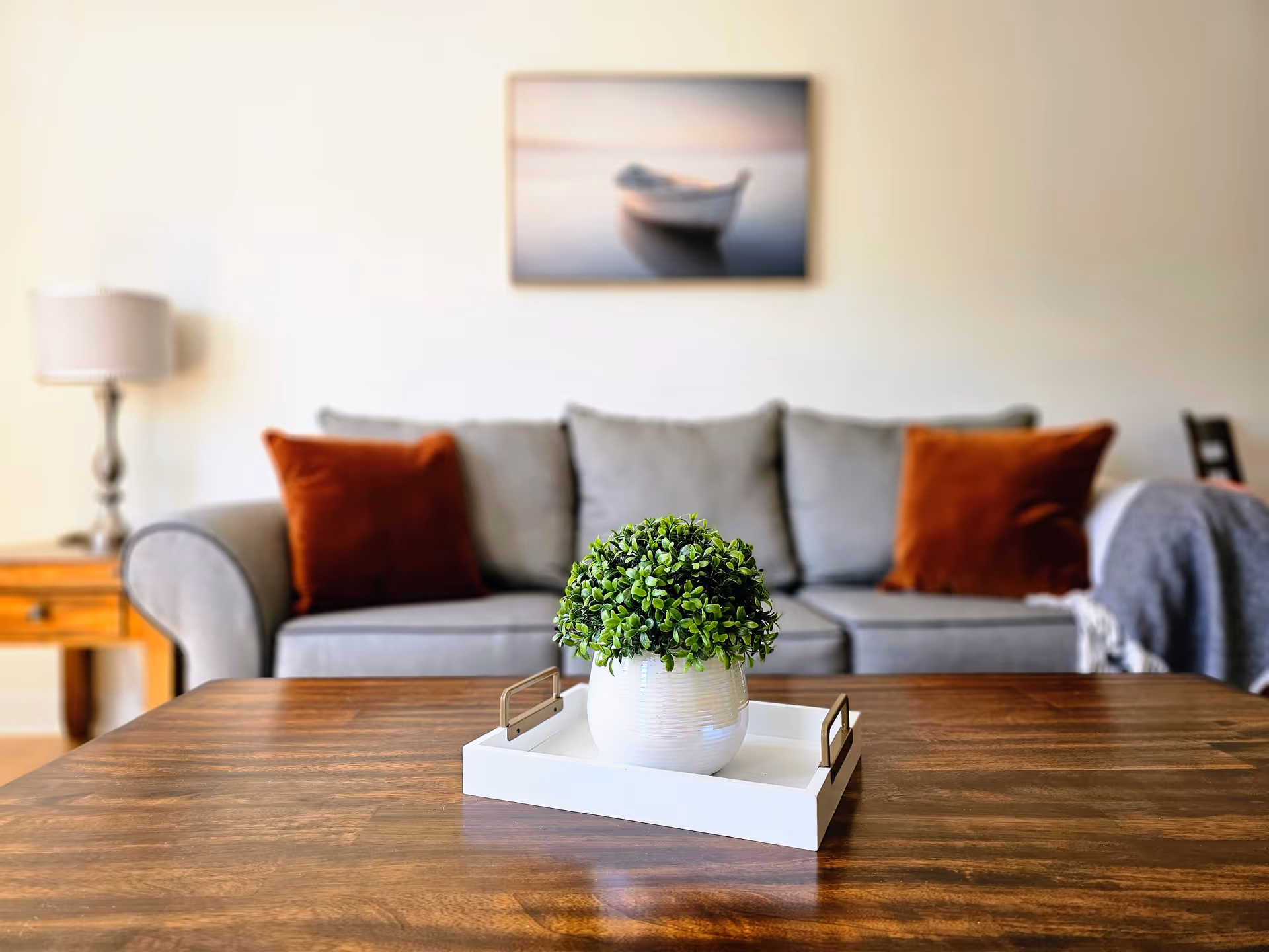 A cozy living room with a wooden coffee table in the foreground holding a white tray with a small green potted plant. In the background, there is a gray sofa with two rust-colored pillows and a gray throw blanket. A wooden side table with a lamp is on the left, and a framed picture of a boat on water hangs on the wall.