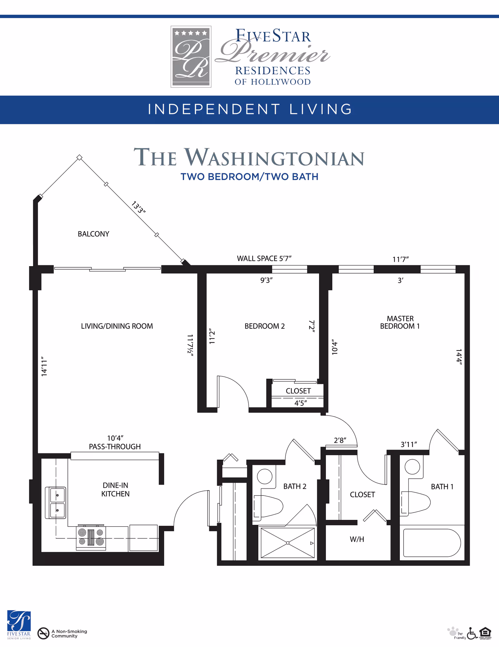 Floor plan of The Washingtonian, a two bedroom, two bath independent living apartment at Five Star Premier Residences of Hollywood. The layout includes a balcony, living/dining room, dine-in kitchen with pass-through, two bedrooms with closets, two bathrooms, and a water heater closet.