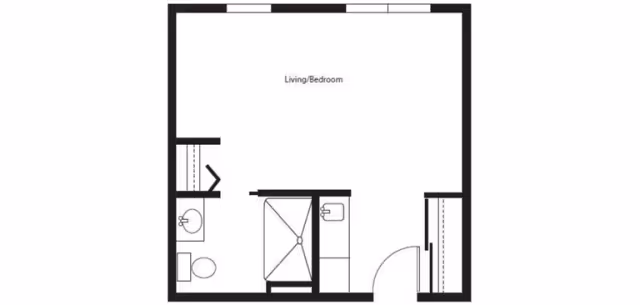 Architectural floor plan of a studio apartment layout labeled Living/Bedroom, including a bathroom with a toilet and sink, a shower area, and an entry door with closet spaces.