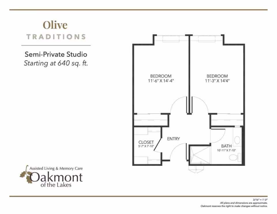 Floor plan for a semi-private studio showing two bedrooms, an entry, closet and a bath with Oakmont of the Lakes branding.