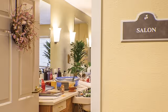 View through a partially open door into a salon room with a countertop holding various hair and beauty products, a potted plant, and a large mirror reflecting the room's interior. The door has a decorative wreath, and a sign on the wall outside the door reads 'SALON'.