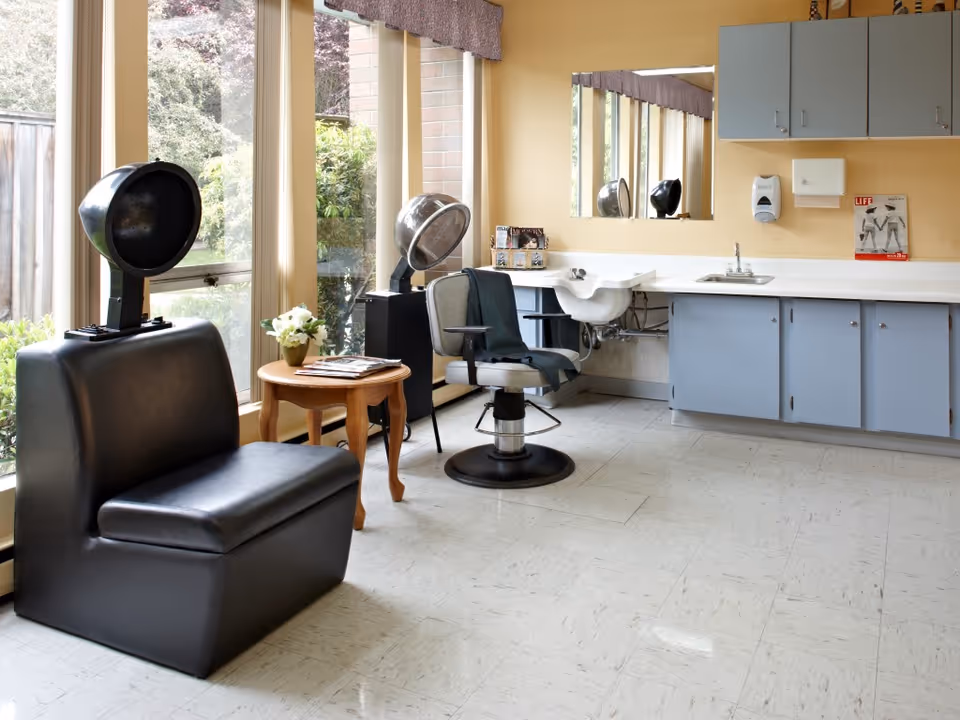 Bright salon area with styling chairs, hooded hair dryers, a sink and cabinets beside large windows.
