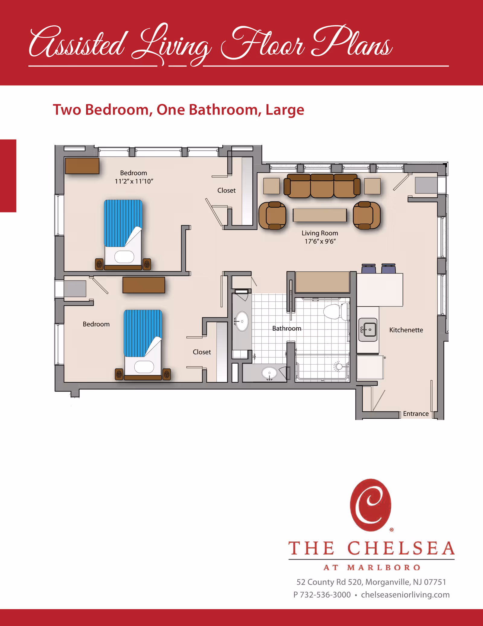 Floor plan of a large assisted living apartment with two bedrooms, one bathroom, a living room, and a kitchenette. The bedrooms each have closets and beds. The living room is furnished with a sofa, two armchairs, a coffee table, and side tables. The bathroom includes a shower, toilet, and sink. The kitchenette has a sink and counter space. The entrance is located near the kitchenette.