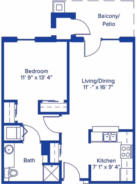 Floor plan of an apartment at Aberdeen Village showing a bedroom measuring 11 feet 9 inches by 13 feet 4 inches, a combined living and dining area measuring 11 feet by 16 feet 7 inches, a kitchen measuring 7 feet 1 inch by 9 feet 4 inches, a bathroom, and a balcony or patio.
