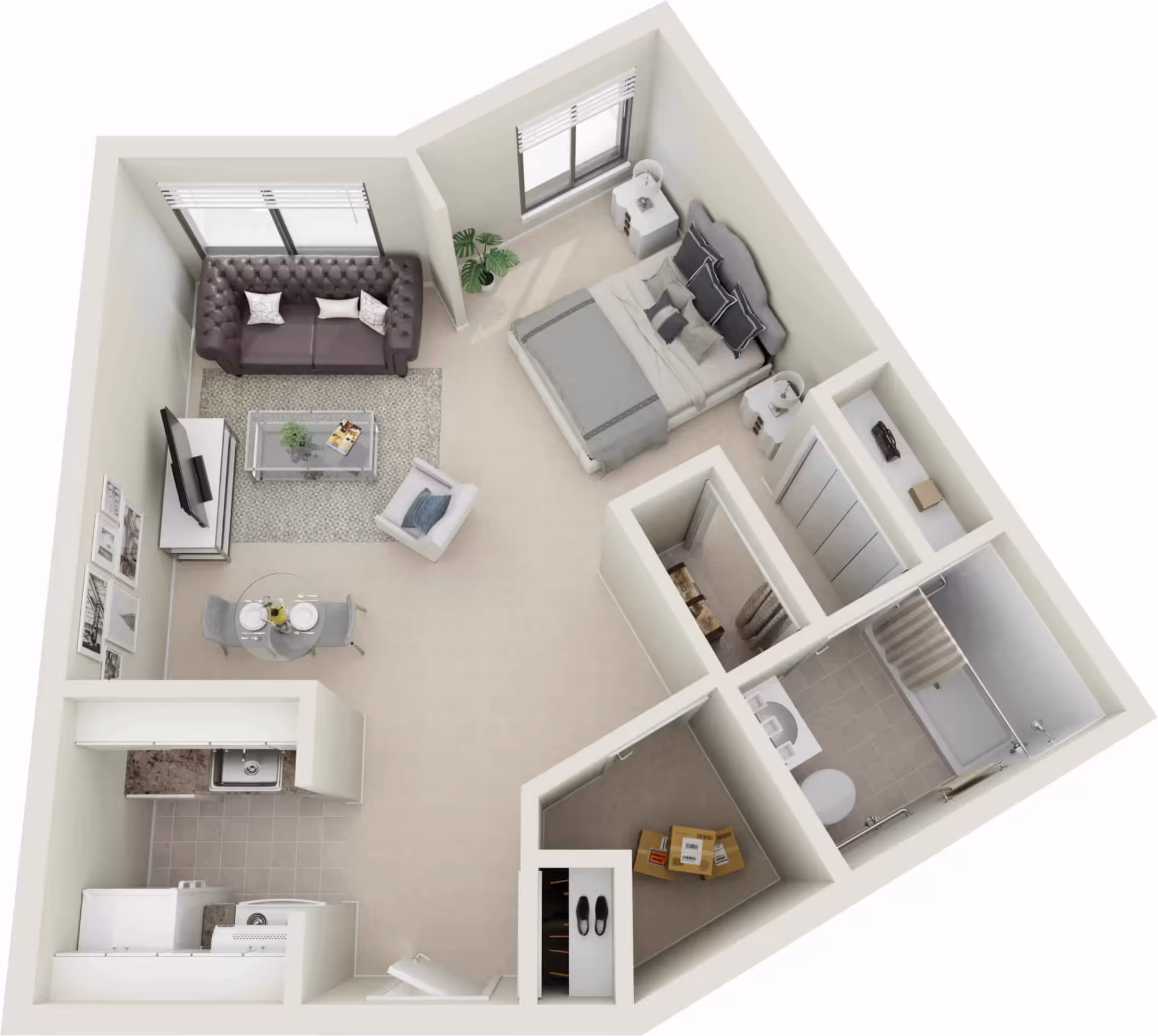 3D floor plan of a senior living apartment at The Park Oak Grove showing a combined living and bedroom area with a bed, sofa, armchair, coffee table, TV, and a small dining table. The layout also includes a kitchen with appliances, a bathroom with a shower, and a closet/storage area.
