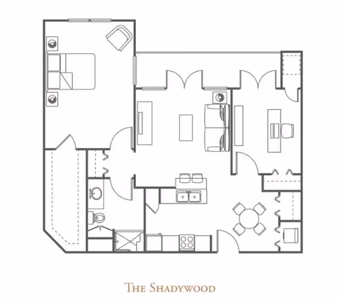 Architectural floor plan of an apartment named The Shadywood, showing a layout with one bedroom, one bathroom, a kitchen, a living room, a dining area, and an additional room that could be used as an office or study.