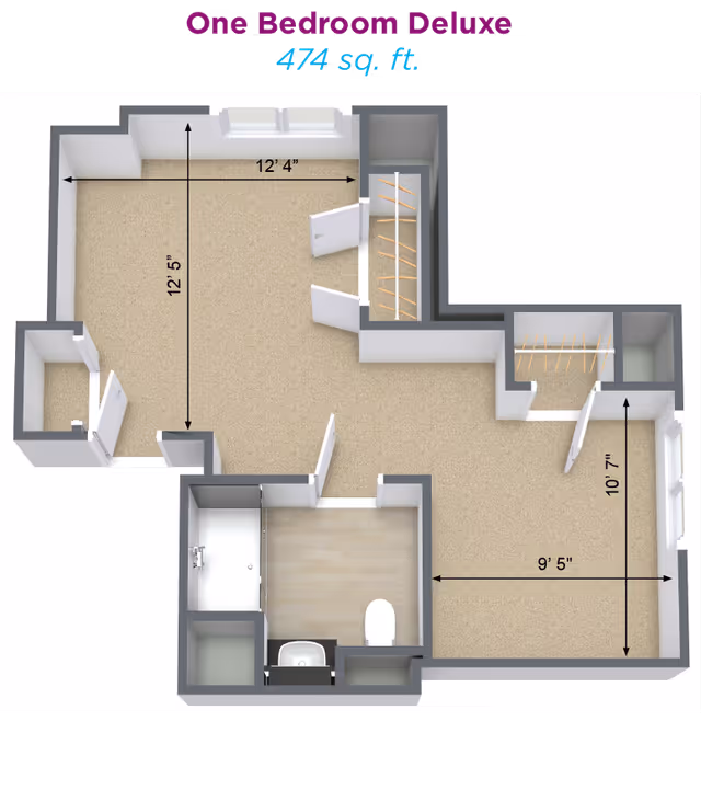 3D floor plan illustration of a one-bedroom deluxe 474 sq. ft. apartment showing a bedroom, living area, closets and a bathroom with room dimensions.